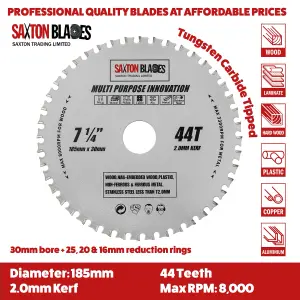 Saxton TCT18544TMPT Multi Purpose Innovation Circular Saw Blade 185mm x 44 Teeth x 30mm Bore + 16, 20 and 25mm Rings