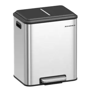 SONGMICS Kitchen Waste Container, Double Bin for Rubbish and Recycling, Inner Buckets, Soft-Close Lid, Metallic Silver