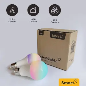 ValueLights 9W RGBCCT Smart Bulb, E27 Screw WiFi LED Bulb, Colour Changing and Adjustable Brightness, 2 Pack