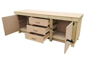 Wooden work bench with drawers and double lockable cupboard (V.8) (H-90cm, D-70cm, L-210cm)