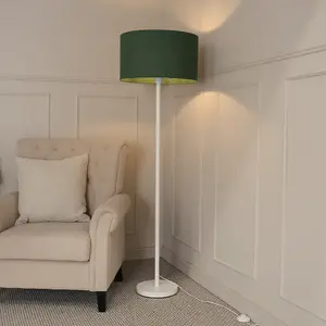 ValueLights Charles White Single Stem Floor Lamp with Forest Green Drum Lamp Shade and LED Bulb