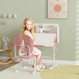 AIYAPLAY Kids Desk and Chair Set w/ Tiltable Desktop Reading Rack - Pink