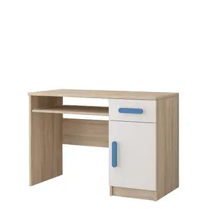 Serene Oak Sonoma and White Computer Desk H760mm W1100mm D500mm - Blue Handles for Calming Study Spaces