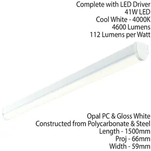 5ft SINGLE 41W Cool White LED Linear Ceiling Strip Light Slim Batten Lamp 4600Lm