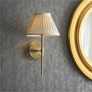 Indoor Antique Brass Plate Wall Light - Ivory Silk Shade - Dimmable 6W LED E14