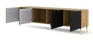 Ravenna B TV Stand in Oak Artisan with Gold Legs - Milled Foil Finish MDF - Sleek Metal Framed Design - D420mm x H560mm x 2000mm