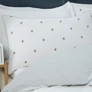 Sleepdown Bumble Bee White Grey Hexagon Honeycomb Duvet Set Quilt Cover Bedding Super King