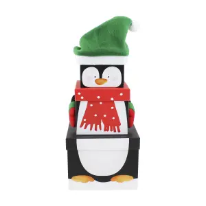 Eurowrap Plush Penguin Christmas Gift Boxes (Pack of 3) Black/White/Green/Red (L)