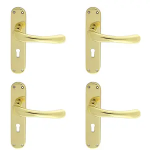 4 PACK - Smooth Rounded Latch & Lock Door Handle - Polished Brass Lever on Backplate