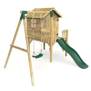 Rebo Orchard 4ft x 4ft Wooden Playhouse with Swings, 900mm Deck and 6ft Slide - Solar Green