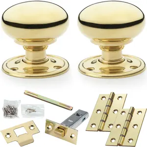 Mortice Door Knob & Latch Pack - Polished Brass - 51mm Smooth Mushroom On Round Rose