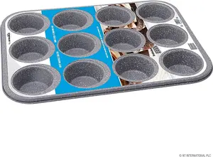 12 Muffin Tray Non Stick Carbon Steel Bake Baking Roast Tin Grey Marble Coated