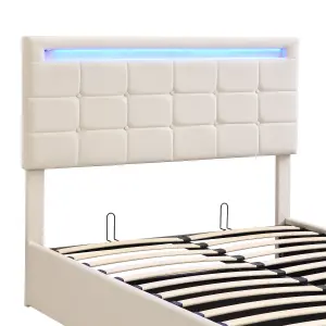 Upholstered bed, Hydraulic Bed, Adults Teenagers Double Bed, with 7colors LED-light strips, Velvet+Iron, 135x190cm,Beige