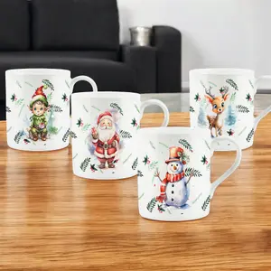 Purely Home Christmas Mugs Set - Xmas Present Novelty Bone China Tea/Coffee Cups Gift - Set of 4