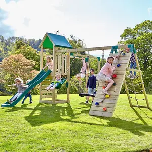 Rebo Wooden Climbing Frame with Swings, Slide, Up & over Climbing wall and Monkey Bars - Dolomite