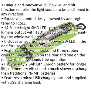 360 degree Swivel Inspection Light - 14 SMD & 3W SMD LED - Rechargeable - Green