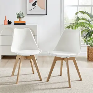 Furniturebox Seattle Scandi Inspired Glass and Black Leg Square Dining Table & 4 White Cushioned Stockholm Beech Wood Leg Chairs