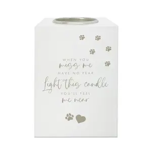 Pet Memorial Tea Light Holder - White Wooden Bereavement Candle Holder with Paw Prints, Heart Design, and Verse