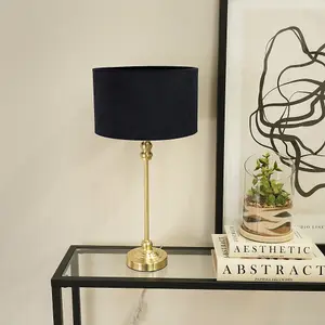 ValueLights Maggie Gold Metal Candlestick Slim Table Lamp with Black Velvet Drum Lamp Shade and LED Bulb