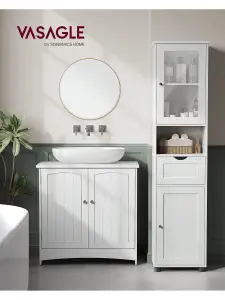 VASAGLE Tall Bathroom Cabinet Free Standing, Slim Bathroom Cupboard, With Open Shelf, Glass Door, Water-Resistant Feet