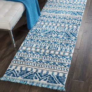 Ivory Blue Modern Shaggy Geometric Moroccan Dining Room Bedroom & Living Room Rug-160cm X 221cm