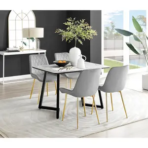 Industrial Design Grey & White Marble Effect Melamine Dining Table Set with 4 Luxury Velvet Chairs Grey/Gold