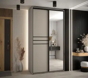 Modern Cashmere & Black Sliding Door Wardrobe H2350mm W1400mm D600mm - Space-Saving Design with Mirrored Panel