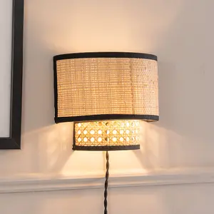 ValueLights Grant Plug in Natural Rattan Wicker Cane Easy Fit Wall Light