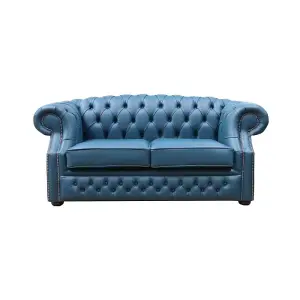 Chesterfield 2 Seater Sofa Majolica Blue Real Leather In Buckingham Style