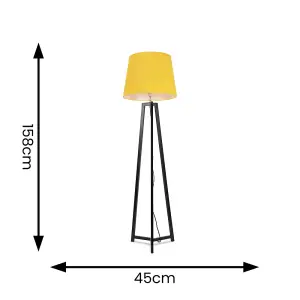 ValueLights Lottie Black Wood Tripod Floor Lamp with Mustard Tapered Shade - LED Bulb Included