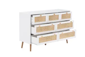 White Chest of 7 Drawers Rattan Mid Century Modern