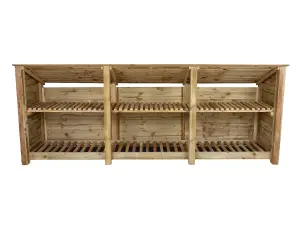 Wooden log store (roof sloping back) with kindling shelf W-335cm, H-126cm, D-88cm - natural (light green) finish