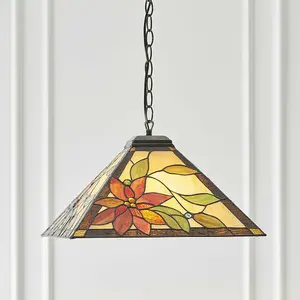 Tiffany Glass Hanging Ceiling Pendant Light Bronze & Square Flower Shade i00131