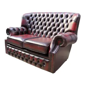 Chesterfield 2 Seater Antique Oxblood Red Leather Sofa Bespoke In Monks Style