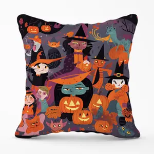 A Vibrant Illustration Of Witches And Pumpkin Cushions 45cm x 45cm