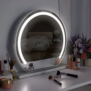 Round Rotatable Angle Freestanding Hollywood Vanity Makeup Mirror with LED Light Dimmable, Touch Control