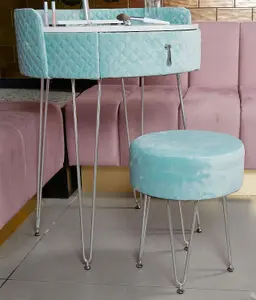 French Riviera Baby Blue Velvet Dressing Table with LED Touch Sensor Mirror