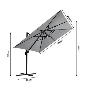 3m Cantilever Parasol with Solar LED Lights and 360 Degree Rotation Patio Rectangle Offset Umbrella