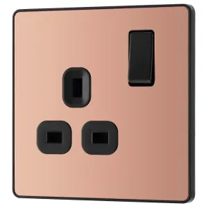 British General Single 13A Gloss Copper Switched socket & Black inserts