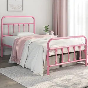 Yaheetech Pink 3ft Single Vintage Metal Bed Frame with High Headboard and Footboard