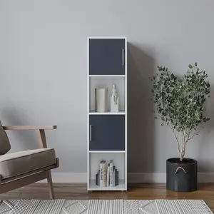 URBNLIVING 119cm Height 4 Cube Bookcase White Wooden Grey Door Metal Handle Display Storage Shelf