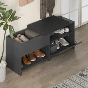 Decortie Modern Filux Shoe Bench Rack Anthracite Sliding Fabric Seat and 120.3(W) Storage Cabinet 2-Tier Open Shelves Hallway