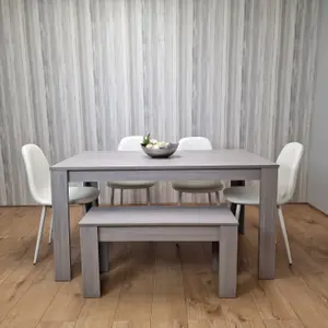 Grey Dining Table with 4 Diamond Stitched White Chairs and 1 Bench