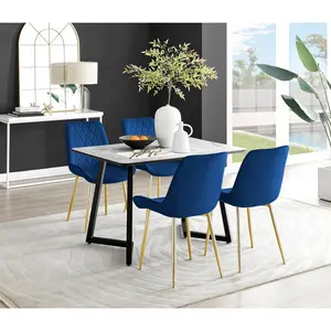 Industrial Design Grey & White Marble Effect Melamine Dining Table Set with 4 Luxury Velvet Chairs Navy/Gold