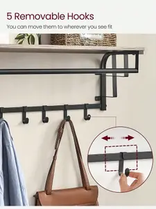 VASAGLE Coat Rack Wall-Mounted, Coat Hook With 5 Hooks And Hanging Rail, For Entryway, Hallway, Bedroom, Greige And Black