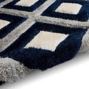 Grey Navy Shaggy Modern Geometric Machine Made Easy to Clean Rug for Living Room Bedroom and Dining Room-160cm X 220cm