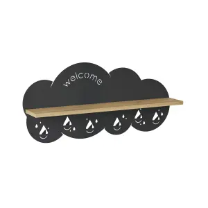 Decortie Cloudy Wall-Mounted Metal Hanger Oak Shelf with 6 Metal Hooks Welcome Cloud Shape Functional Storage Hanger Entryway