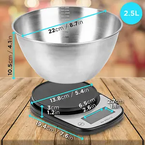 Duronic KS5000 BK/SS Digital Kitchen Scale with Bowl, 5kg, LCD Backlit Display, Tare Function, 1g Precision - Black