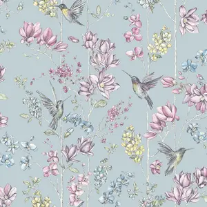 Holden Floral Charm Hummingbird Wallpaper - Duck Egg 12391