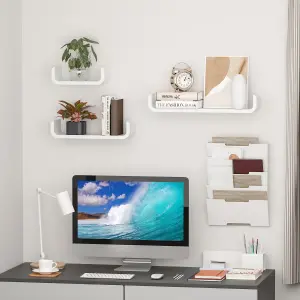 HOMCOM 3 Pieces Wooden U Shaped Floating Shelves Set Hanging CD Storage Display Modern Wall Mount Bookshelf White